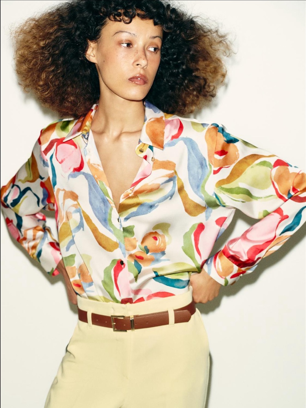 ZARA, FLORAL PRINT SATIN EFFECT SHIRT, SIZE M